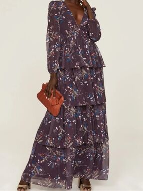 Ieena for Mac Duggal Floral Tiered Maxi Gown Purple Romantic Cottagecore Formal
